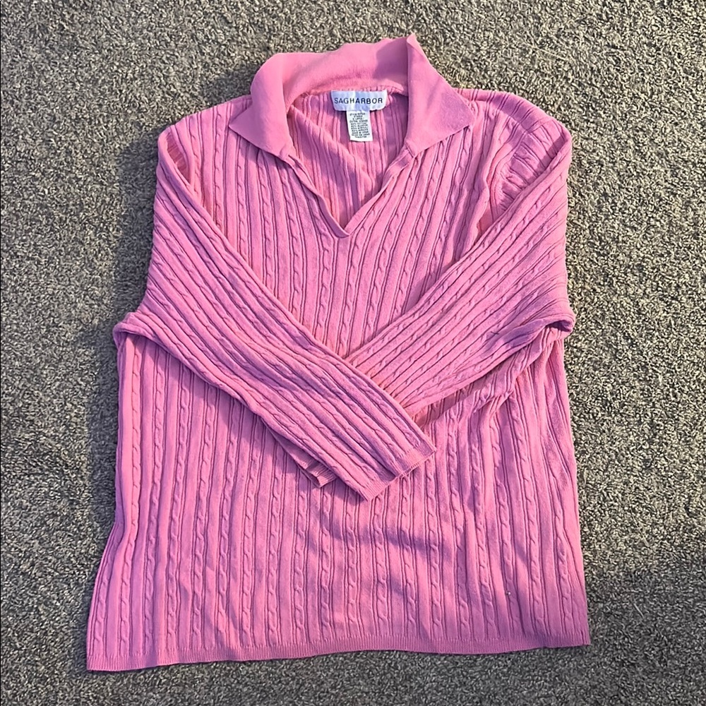Sag Harbor Pink V-Neck Sweater Ribbed Knit
